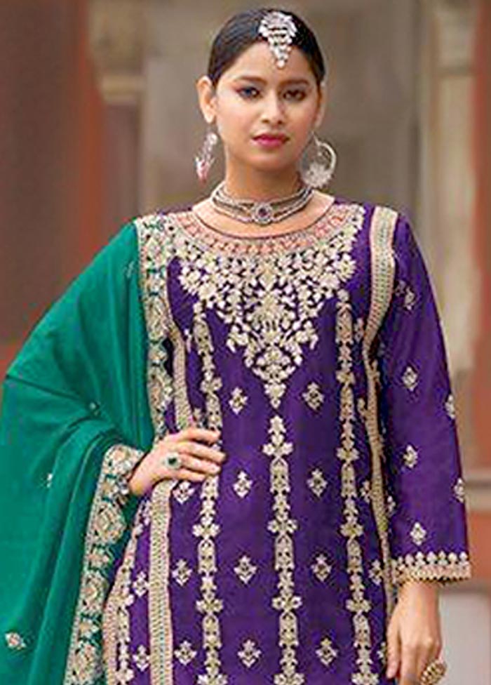 3 Pc Purple Semi Stitched Silk Suit Set