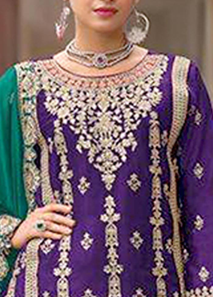 3 Pc Purple Semi Stitched Silk Suit Set