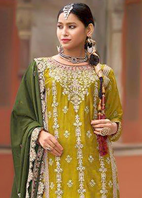 3 Pc Yellow Semi Stitched Silk Suit Set