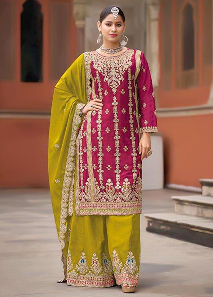 3 Pc Rani Semi Stitched Silk Suit Set