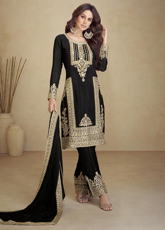 3 Pc Black Semi Stitched Georgette Suit Set