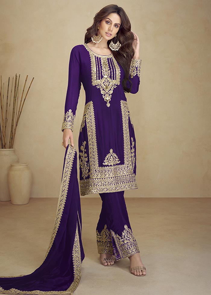 3 Pc Purple Semi Stitched Georgette Suit Set