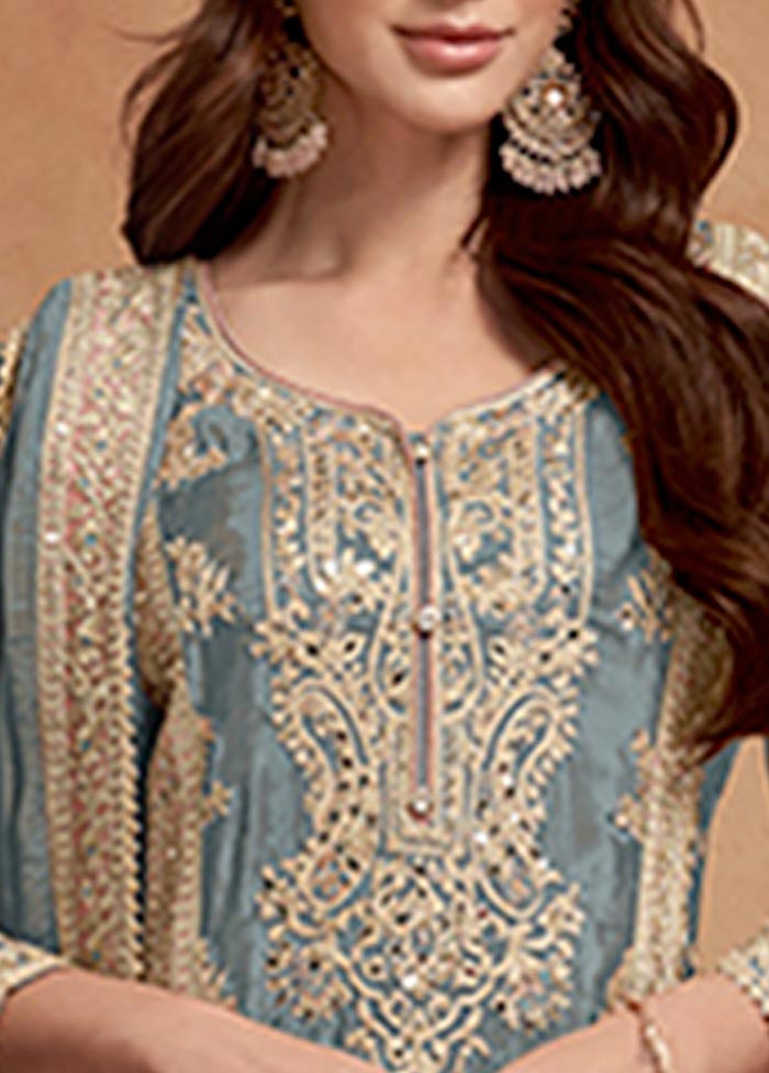 3 Pc Sky Blue Semi Stitched Silk Suit Set