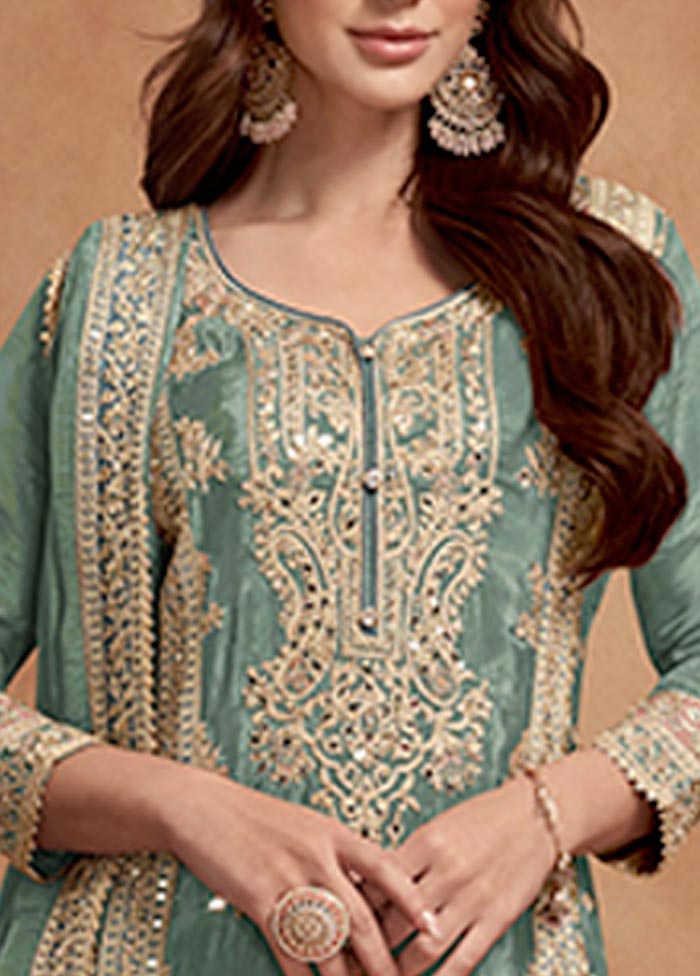 3 Pc Sea Green Semi Stitched Silk Suit Set