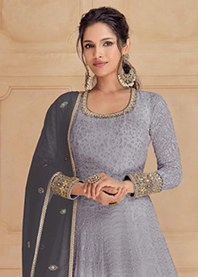 3 Pc Grey Semi Stitched Georgette Suit Set