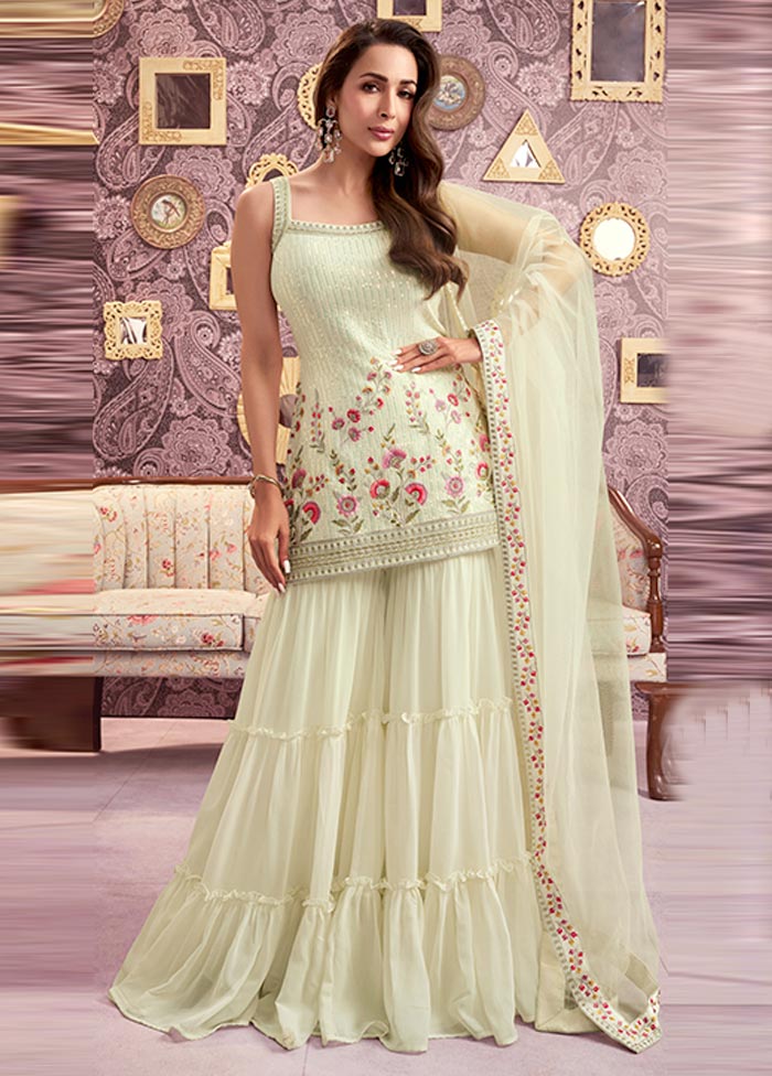 3 Pc Cream Semi Stitched Georgette Suit Set