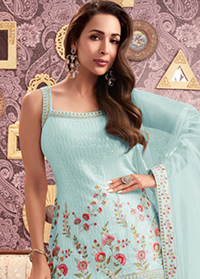 3 Pc Sky Blue Semi Stitched Georgette Suit Set