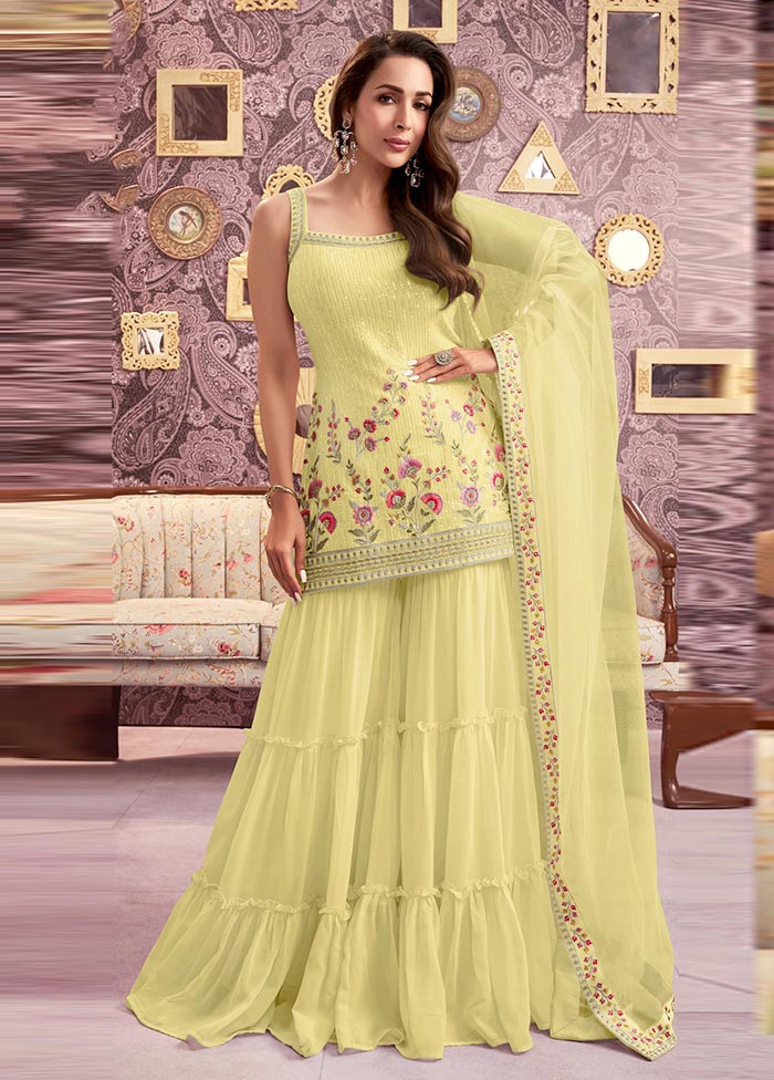 3 Pc Yellow Semi Stitched Georgette Suit Set