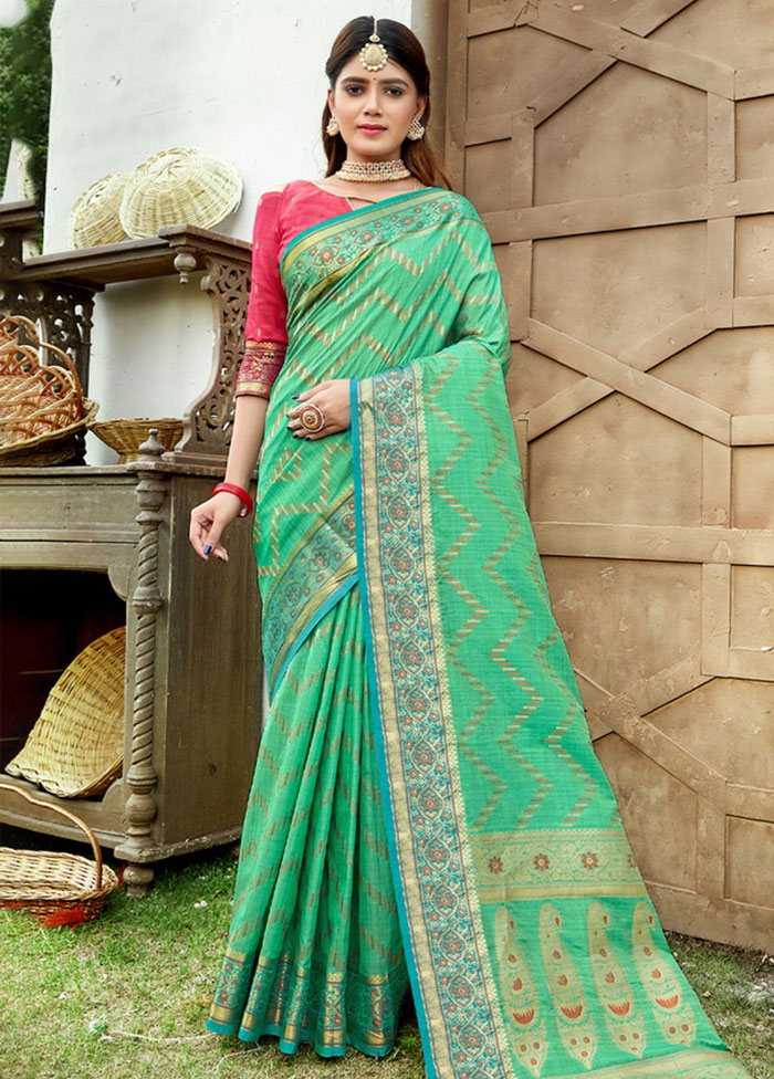 Sea Green Spun Silk Saree With Blouse Piece