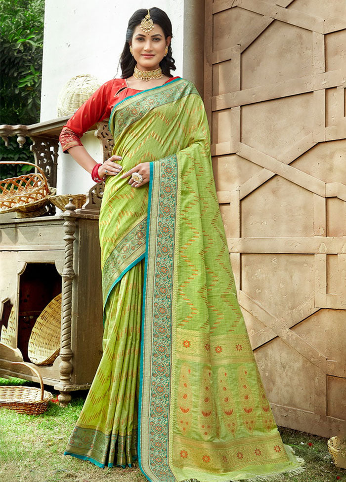 Green Spun Silk Saree With Blouse Piece - Indian Silk House Agencies