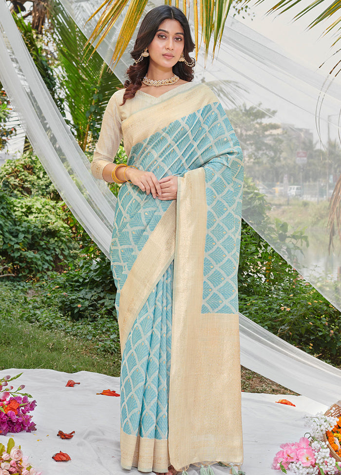 Sky Blue Cotton Saree With Blouse Piece