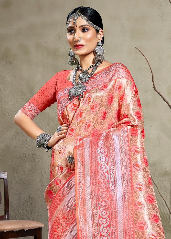 Peach Kanjivaram Silk Saree With Blouse Piece - Indian Silk House Agencies