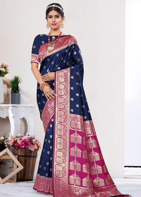 Navy Blue Spun Silk Saree With Blouse Piece - Indian Silk House Agencies