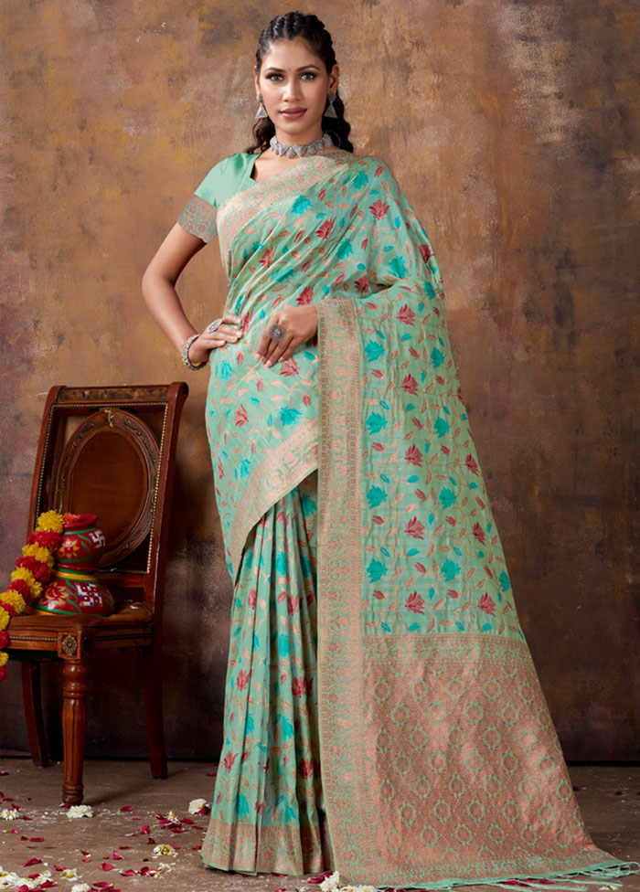 Sea Green Spun Silk Saree With Blouse Piece