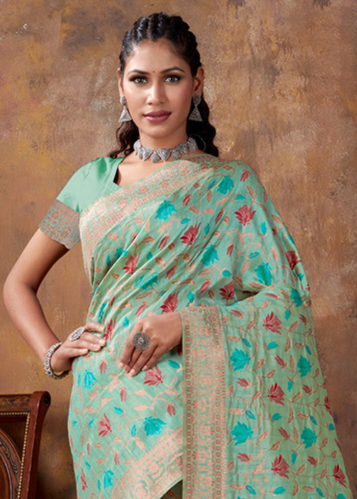 Sea Green Spun Silk Saree With Blouse Piece