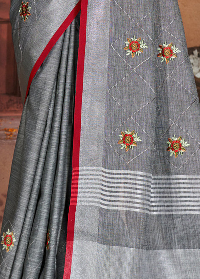 Grey Silk Saree With Blouse Piece - Indian Silk House Agencies