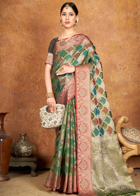 Green Spun Silk Saree With Blouse Piece - Indian Silk House Agencies