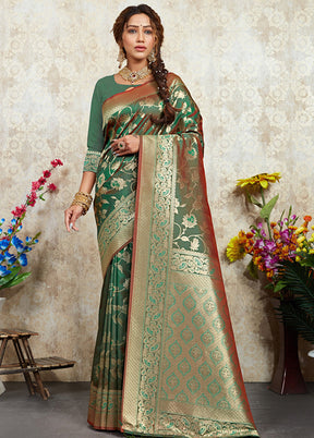 Green Spun Silk Saree With Blouse Piece - Indian Silk House Agencies