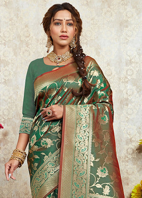 Green Spun Silk Saree With Blouse Piece - Indian Silk House Agencies