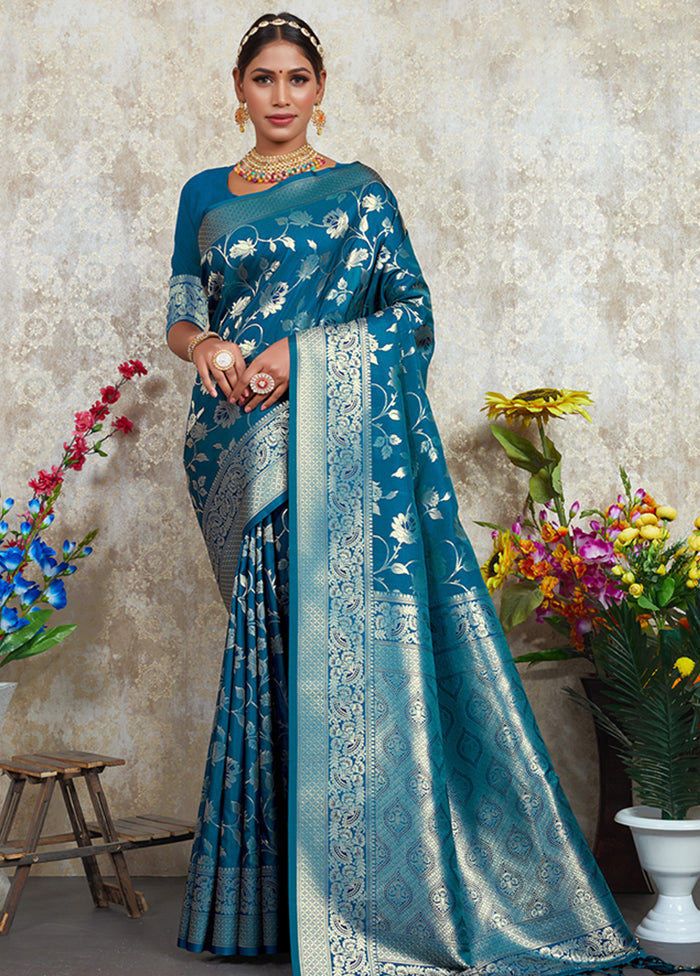 Teal Spun Silk Saree With Blouse Piece - Indian Silk House Agencies