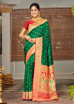 Green Spun Silk Saree With Blouse Piece - Indian Silk House Agencies