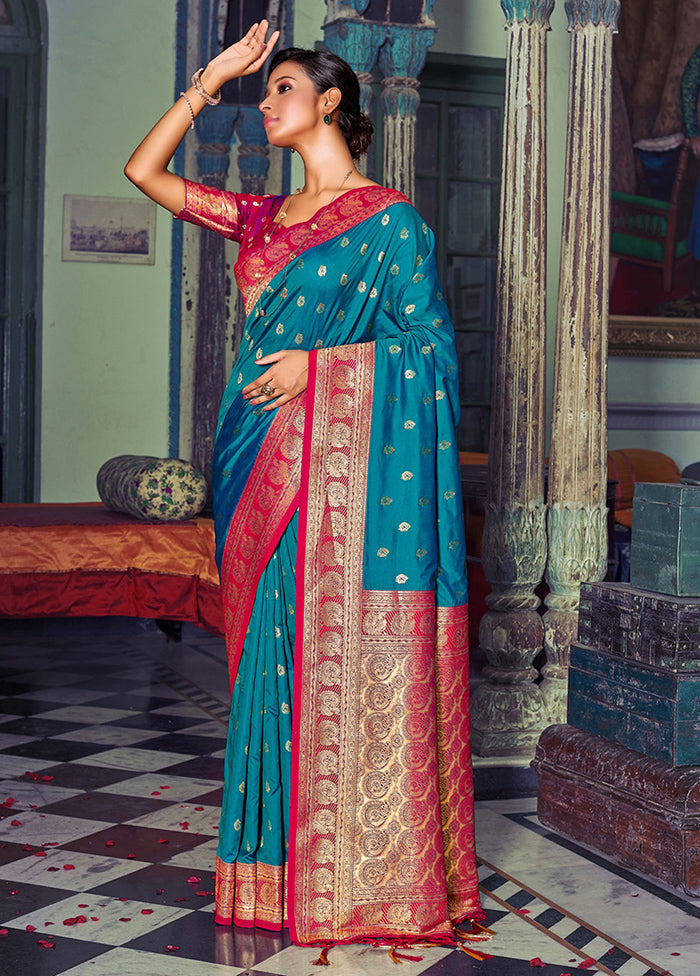 Sky Blue Spun Silk Saree With Blouse Piece - Indian Silk House Agencies