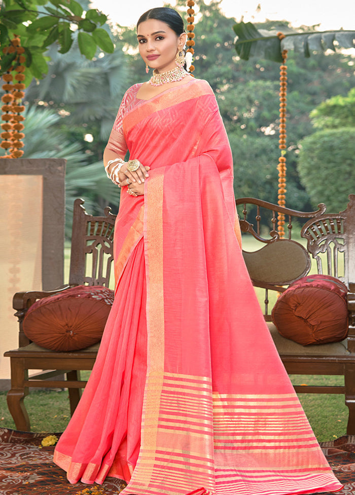 Peach Cotton Saree With Blouse Piece - Indian Silk House Agencies