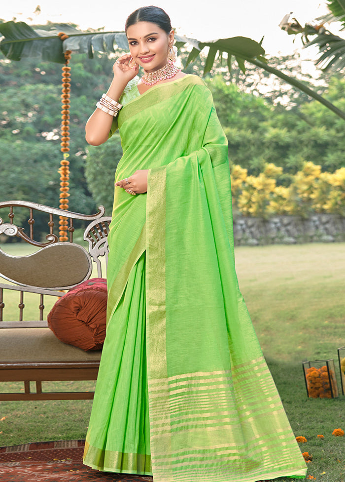 Green Cotton Saree With Blouse Piece - Indian Silk House Agencies