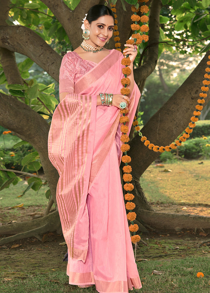 Light Pink Cotton Saree With Blouse Piece - Indian Silk House Agencies