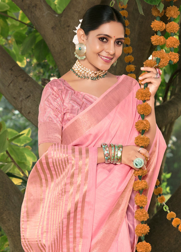 Light Pink Cotton Saree With Blouse Piece - Indian Silk House Agencies