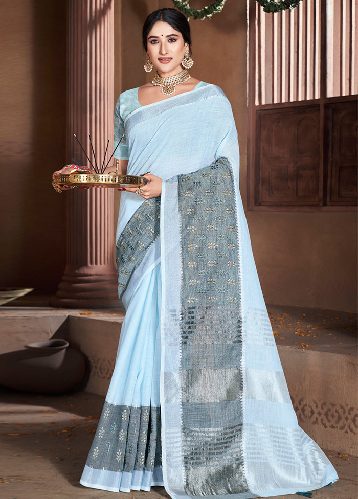 Sky Blue Cotton Saree With Blouse Piece - Indian Silk House Agencies