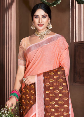 Peach Cotton Saree With Blouse Piece - Indian Silk House Agencies