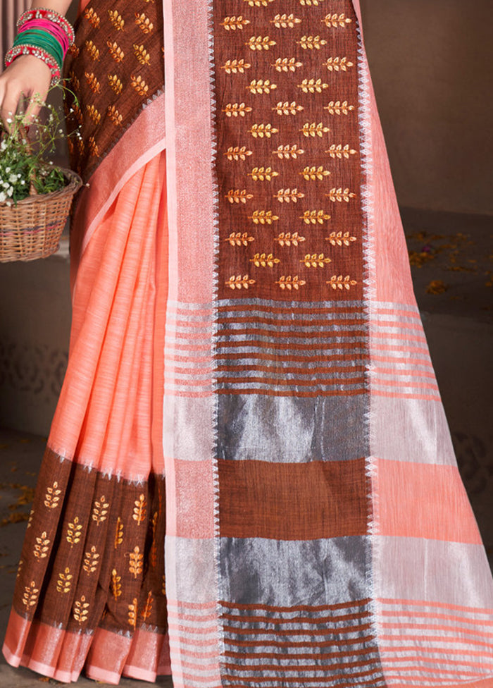 Peach Cotton Saree With Blouse Piece - Indian Silk House Agencies