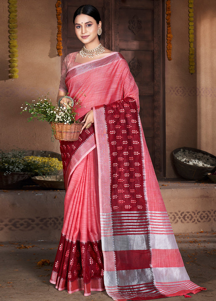 Light Pink Cotton Saree With Blouse Piece - Indian Silk House Agencies