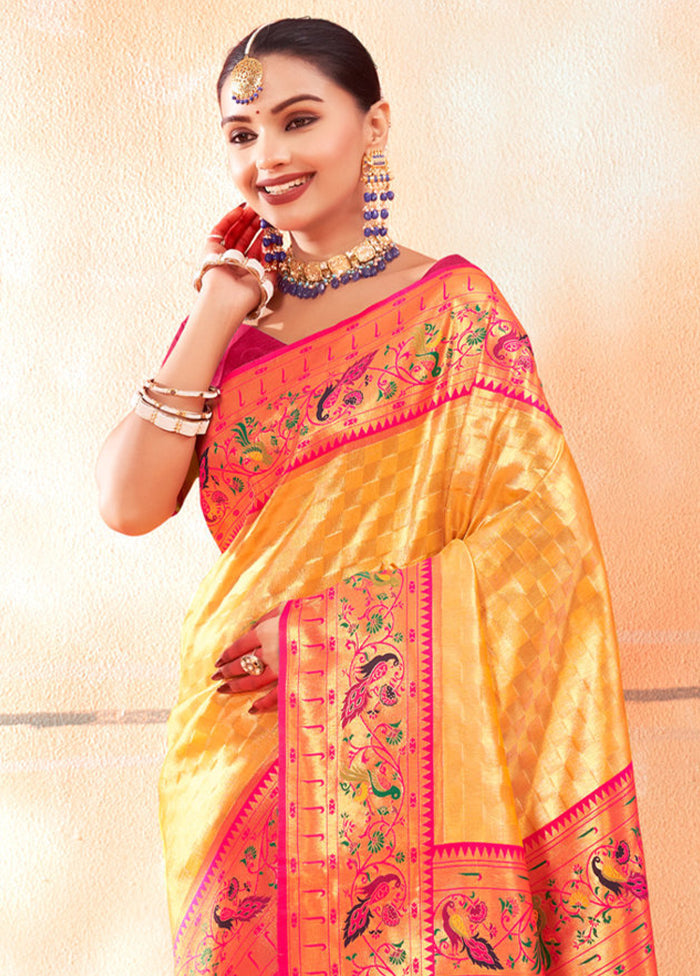 Yellow Dupion Silk Saree With Blouse Piece - Indian Silk House Agencies