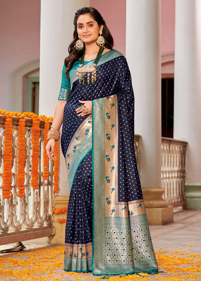 Dark Blue Spun Silk Saree With Blouse Piece - Indian Silk House Agencies