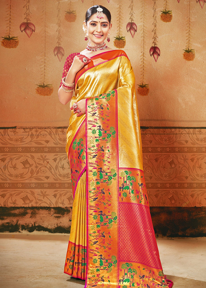 Yellow Dupion Silk Saree With Blouse Piece - Indian Silk House Agencies