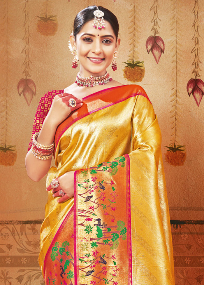 Yellow Dupion Silk Saree With Blouse Piece - Indian Silk House Agencies