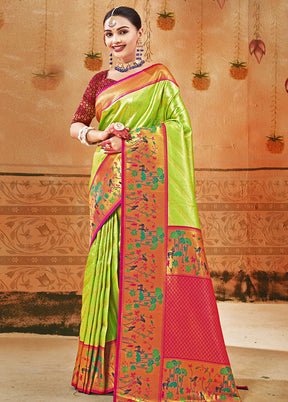 Parrot Green Dupion Silk Saree With Blouse Piece - Indian Silk House Agencies