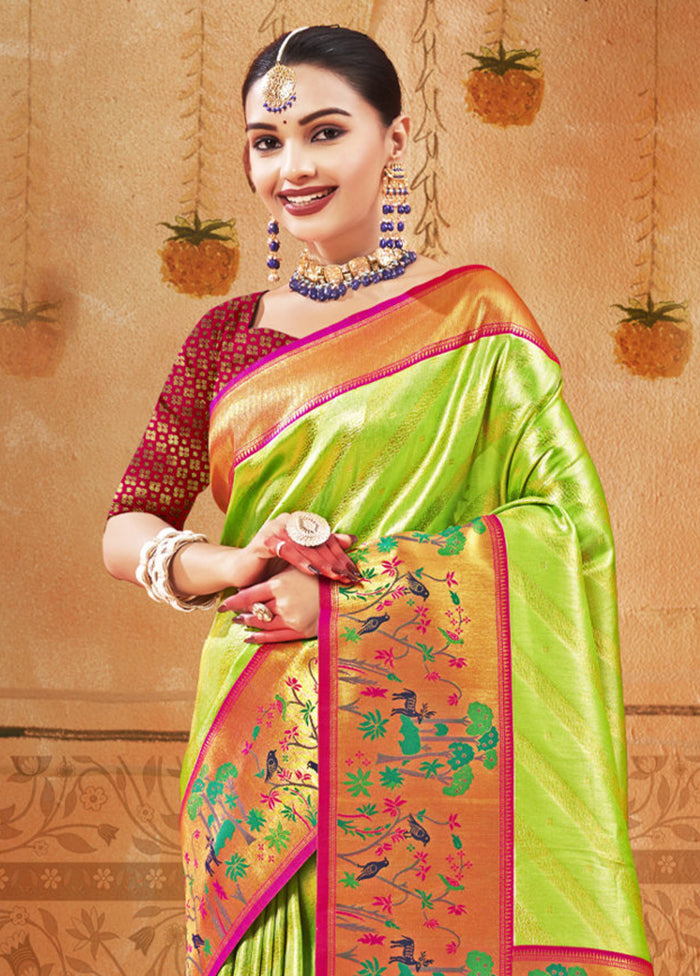 Parrot Green Dupion Silk Saree With Blouse Piece - Indian Silk House Agencies