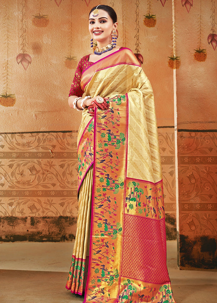 Cream Dupion Silk Saree With Blouse Piece - Indian Silk House Agencies