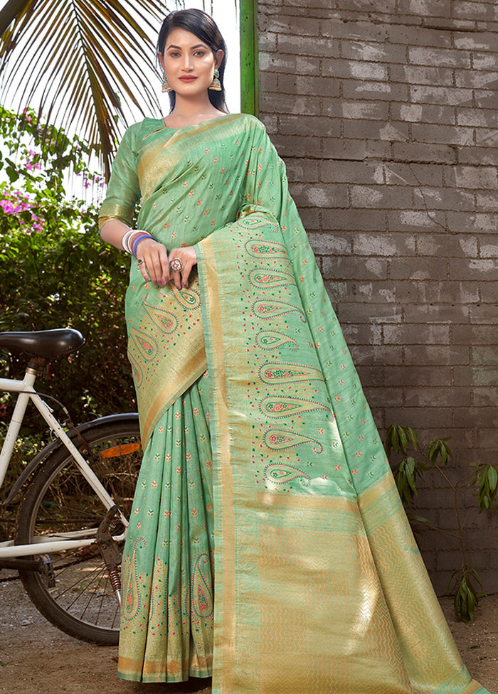 Sea Green Spun Silk Saree With Blouse Piece