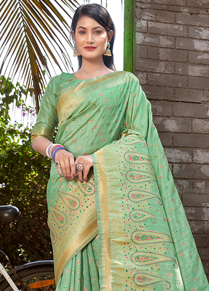 Sea Green Spun Silk Saree With Blouse Piece