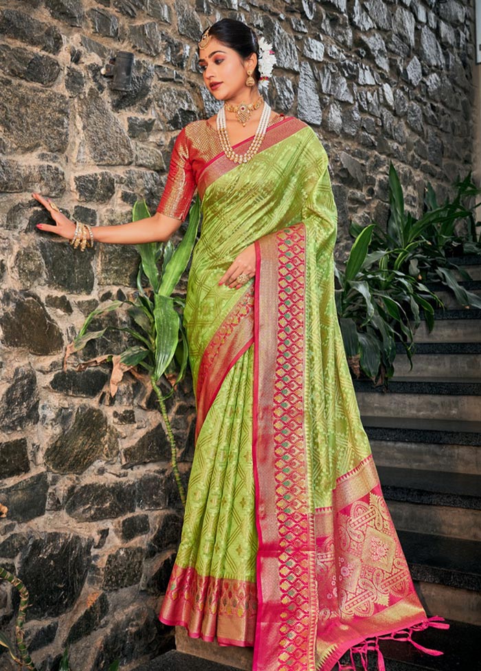 Parrot Green Organza Saree With Blouse Piece - Indian Silk House Agencies