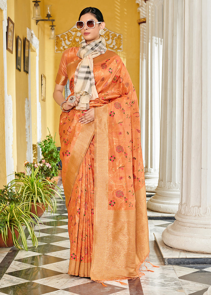 Orange Spun Silk Saree With Blouse Piece - Indian Silk House Agencies