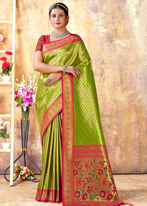 Green Spun Silk Saree With Blouse Piece - Indian Silk House Agencies