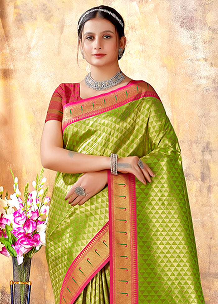 Green Spun Silk Saree With Blouse Piece - Indian Silk House Agencies