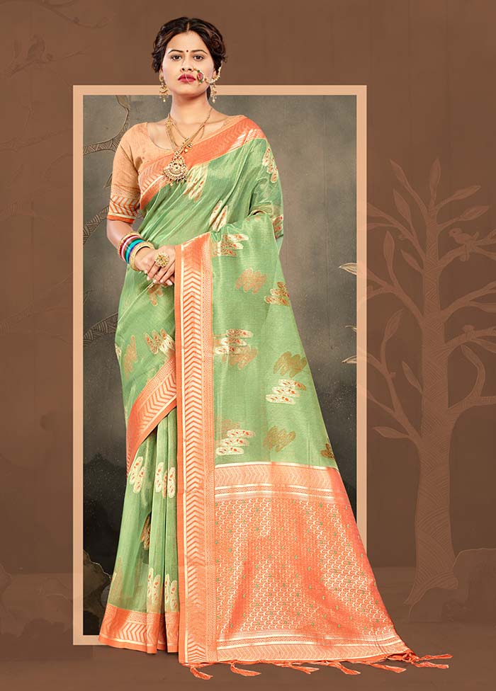 Green Cotton Saree With Blouse Piece - Indian Silk House Agencies