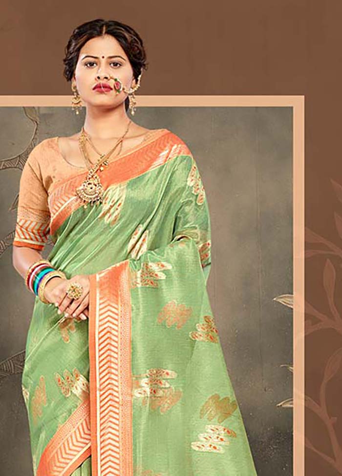 Green Cotton Saree With Blouse Piece - Indian Silk House Agencies