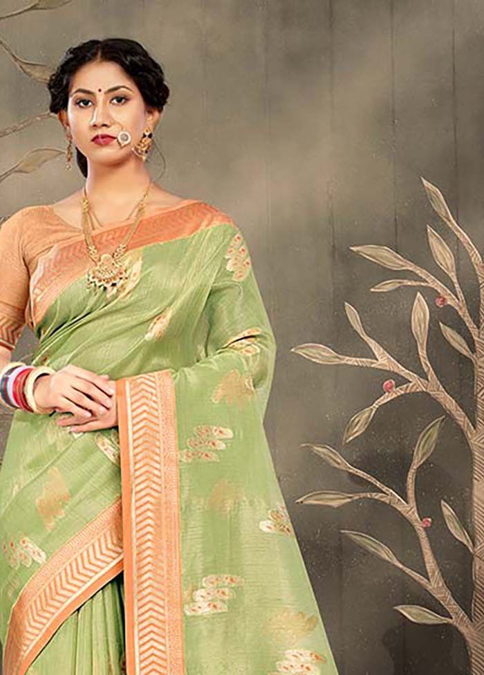 Light Green Cotton Saree With Blouse Piece - Indian Silk House Agencies